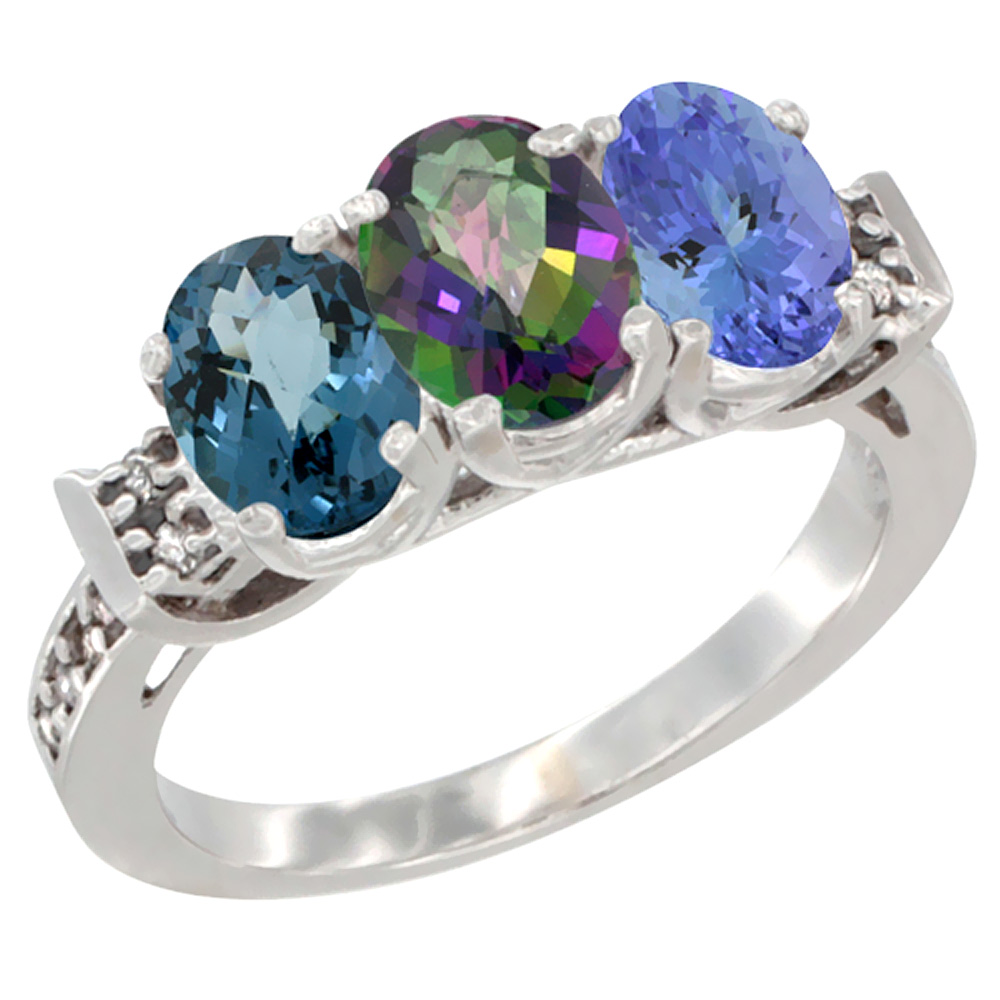 14K White Gold Natural London Blue Topaz, Mystic Topaz & Tanzanite Ring 3-Stone 7x5 mm Oval Diamond Accent, sizes 5 - 10