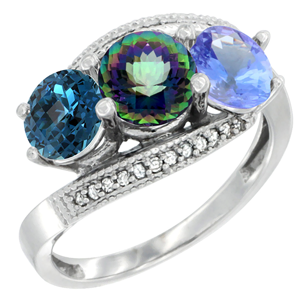 14K White Gold Natural London Blue Topaz, Mystic Topaz & Tanzanite 3 stone Ring Round 6mm Diamond Accent, sizes 5 - 10