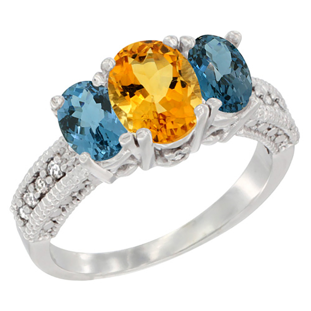 10K White Gold Diamond Natural Citrine Ring Oval 3-stone with London Blue Topaz, sizes 5 - 10