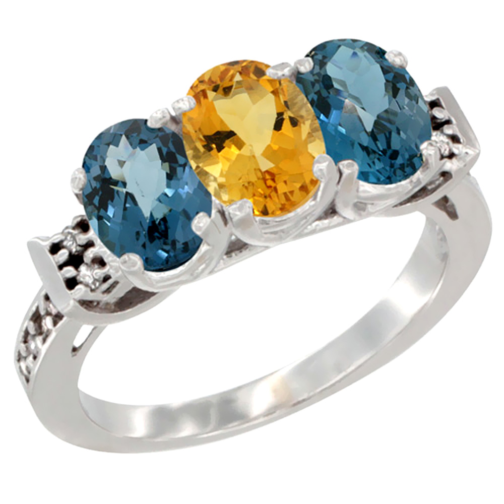 10K White Gold Natural Citrine & London Blue Topaz Sides Ring 3-Stone Oval 7x5 mm Diamond Accent, sizes 5 - 10