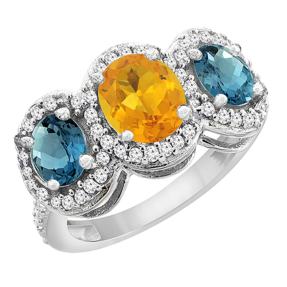 14K White Gold Natural Citrine &amp; London Blue Topaz 3-Stone Ring Oval Diamond Accent, sizes 5 - 10