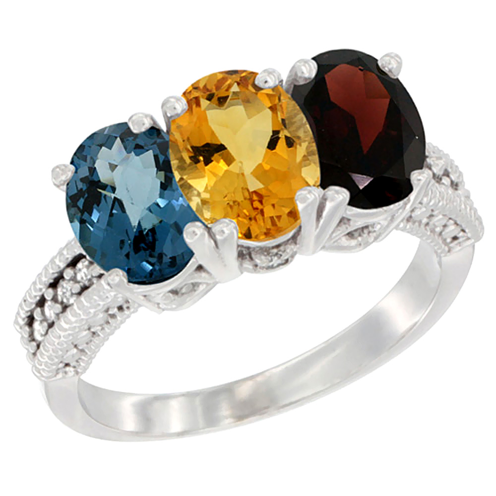 14K White Gold Natural London Blue Topaz, Citrine &amp; Garnet Ring 3-Stone 7x5 mm Oval Diamond Accent, sizes 5 - 10