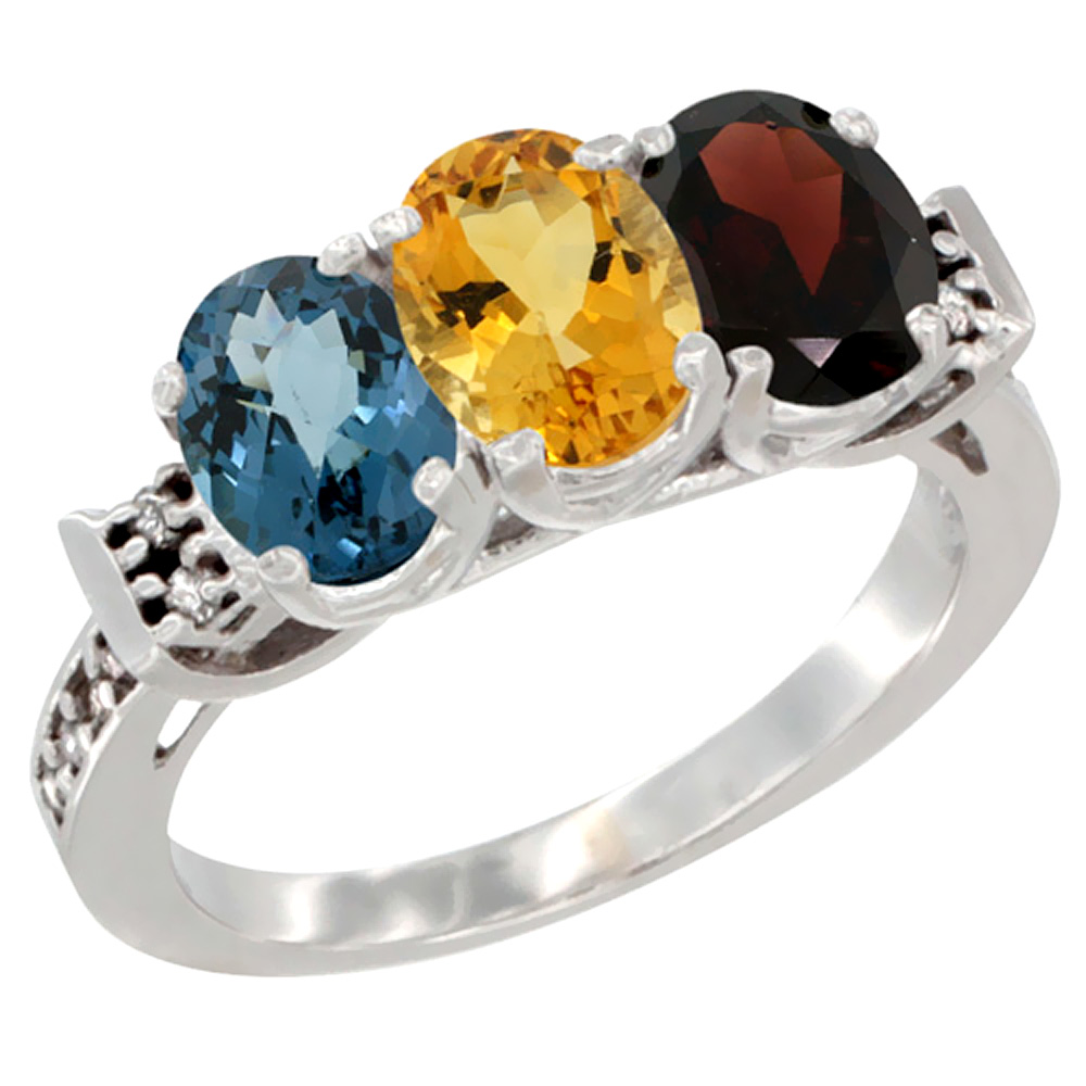 14K White Gold Natural London Blue Topaz, Citrine & Garnet Ring 3-Stone 7x5 mm Oval Diamond Accent, sizes 5 - 10