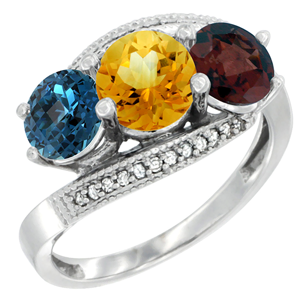 14K White Gold Natural London Blue Topaz, Citrine & Garnet 3 stone Ring Round 6mm Diamond Accent, sizes 5 - 10