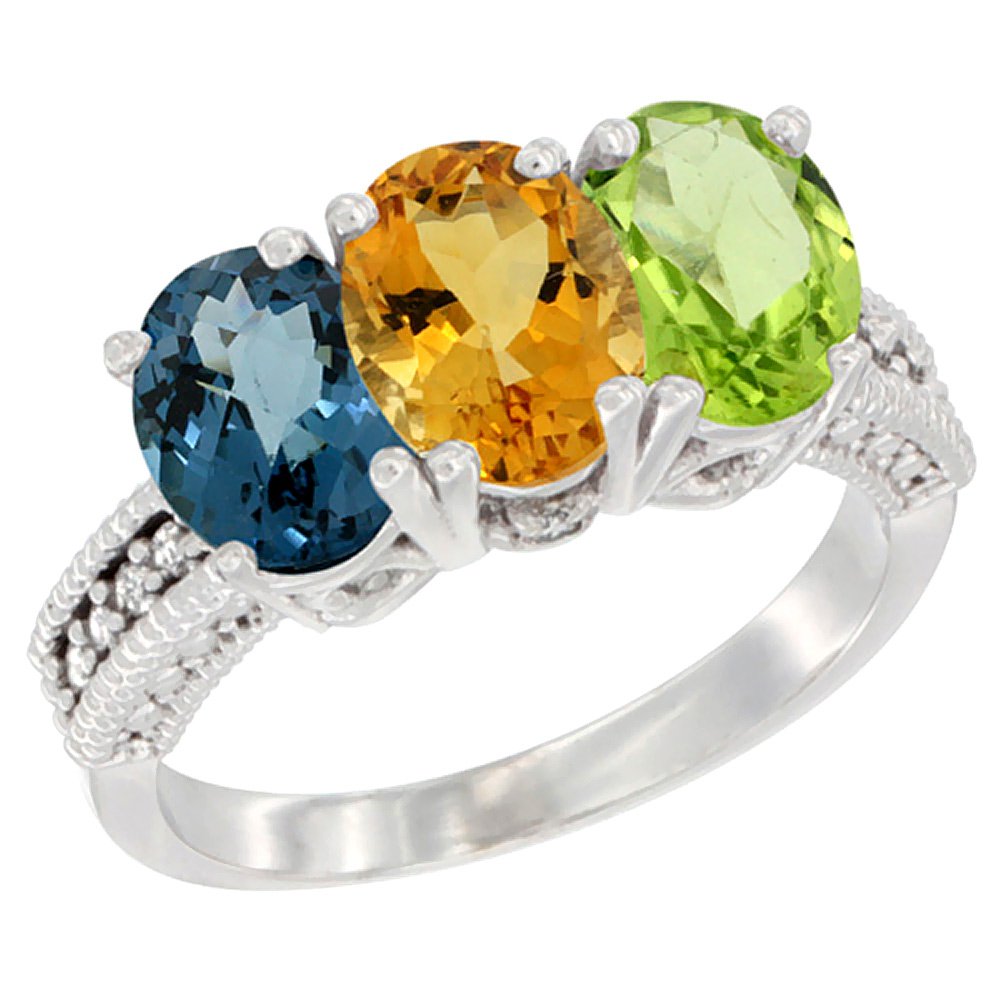 14K White Gold Natural London Blue Topaz, Citrine & Peridot Ring 3-Stone 7x5 mm Oval Diamond Accent, sizes 5 - 10