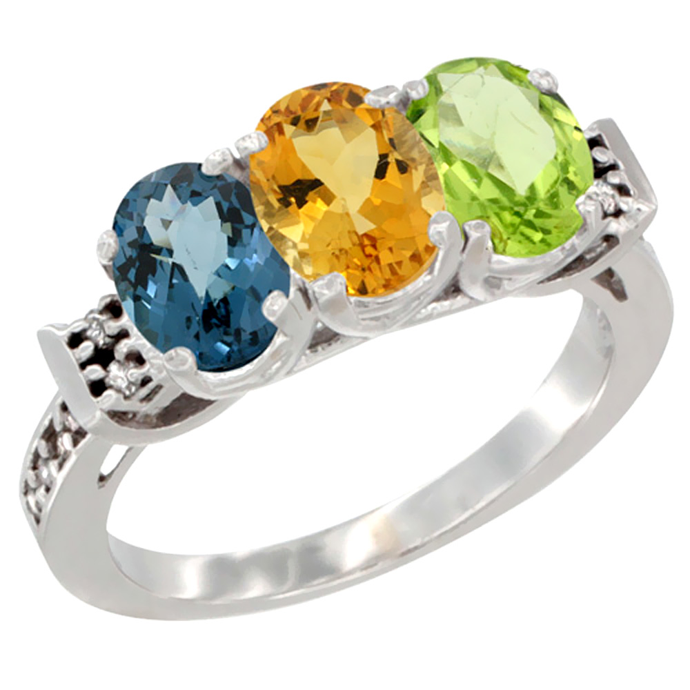 10K White Gold Natural London Blue Topaz, Citrine & Peridot Ring 3-Stone Oval 7x5 mm Diamond Accent, sizes 5 - 10