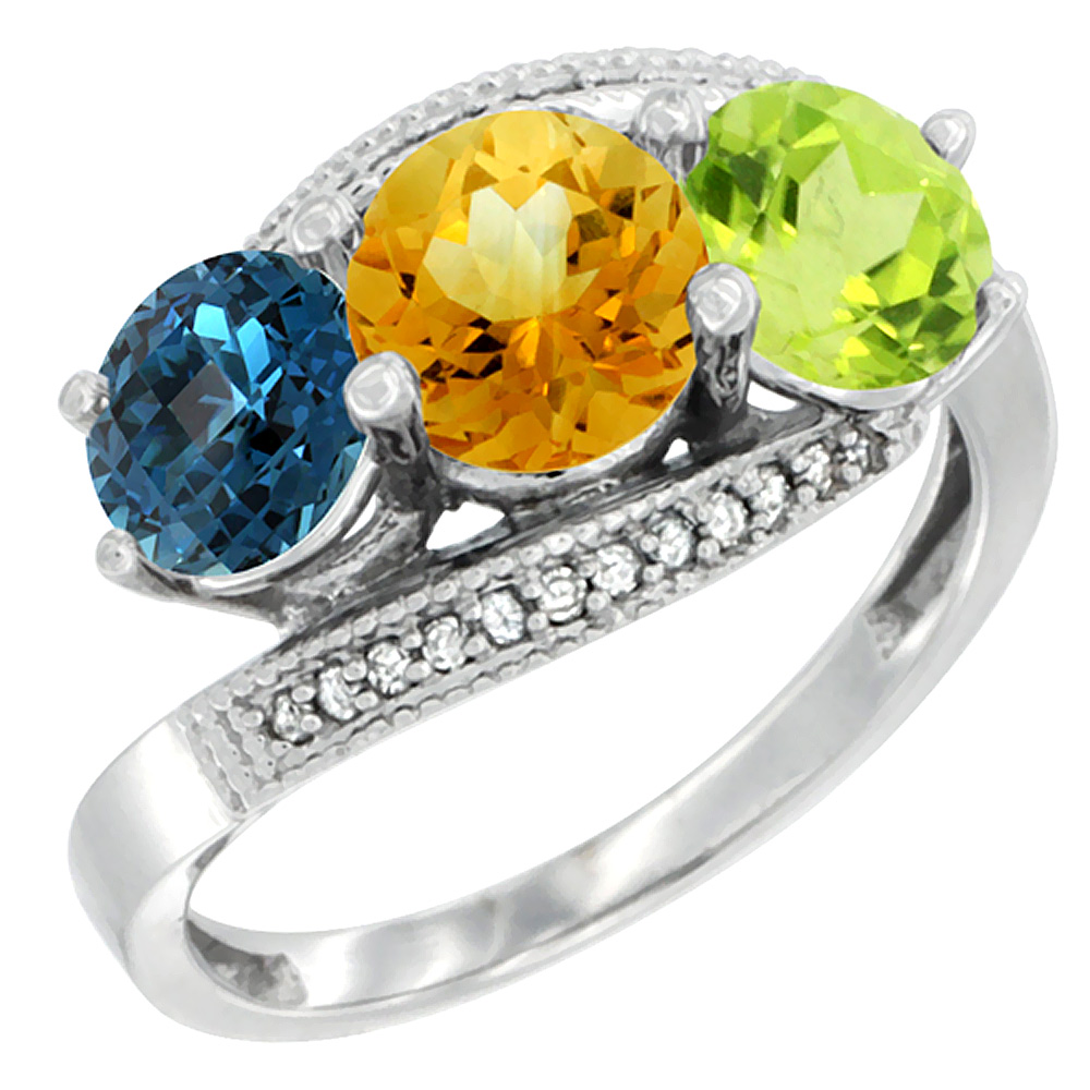 14K White Gold Natural London Blue Topaz, Citrine & Peridot 3 stone Ring Round 6mm Diamond Accent, sizes 5 - 10