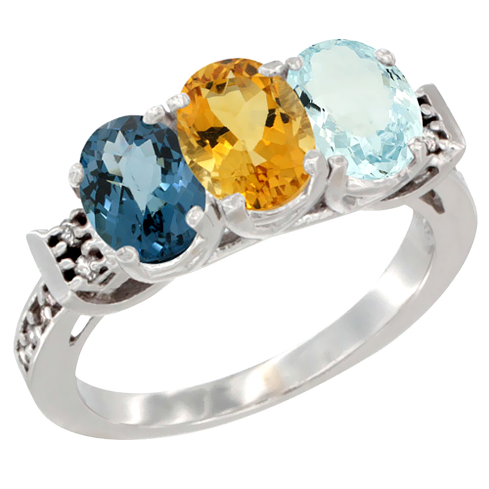 10K White Gold Natural London Blue Topaz, Citrine & Aquamarine Ring 3-Stone Oval 7x5 mm Diamond Accent, sizes 5 - 10