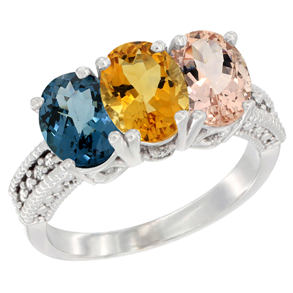 10K White Gold Natural London Blue Topaz, Citrine & Morganite Ring 3-Stone Oval 7x5 mm Diamond Accent, sizes 5 - 10