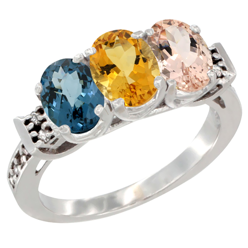 14K White Gold Natural London Blue Topaz, Citrine & Morganite Ring 3-Stone 7x5 mm Oval Diamond Accent, sizes 5 - 10