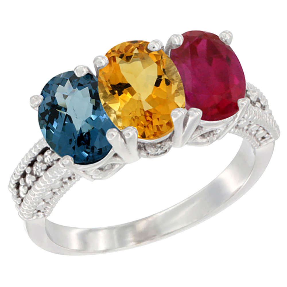 10K White Gold Natural London Blue Topaz, Citrine & Ruby Ring 3-Stone Oval 7x5 mm Diamond Accent, sizes 5 - 10