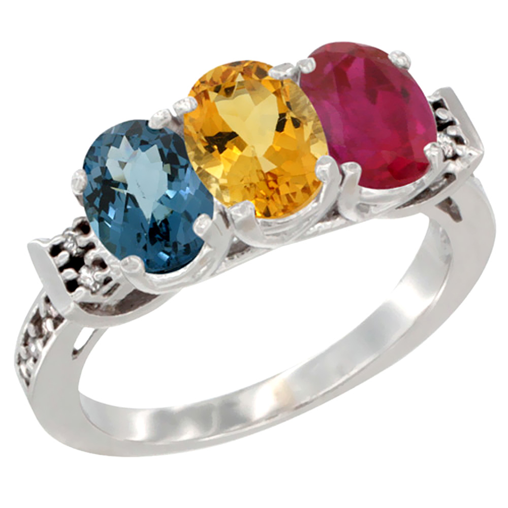 14K White Gold Natural London Blue Topaz, Citrine & Enhanced Ruby Ring 3-Stone 7x5 mm Oval Diamond Accent, sizes 5 - 10