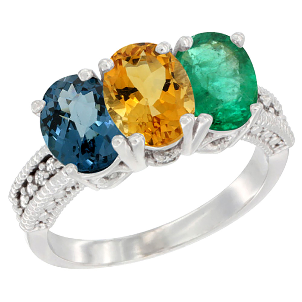 14K White Gold Natural London Blue Topaz, Citrine & Emerald Ring 3-Stone 7x5 mm Oval Diamond Accent, sizes 5 - 10