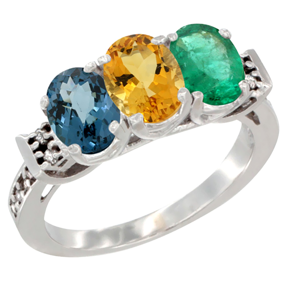 10K White Gold Natural London Blue Topaz, Citrine &amp; Emerald Ring 3-Stone Oval 7x5 mm Diamond Accent, sizes 5 - 10