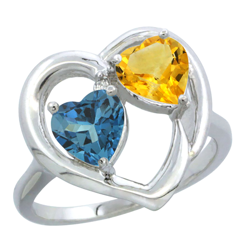 10K White Gold Diamond Two-stone Heart Ring 6mm Natural London Blue Topaz & Citrine, sizes 5-10