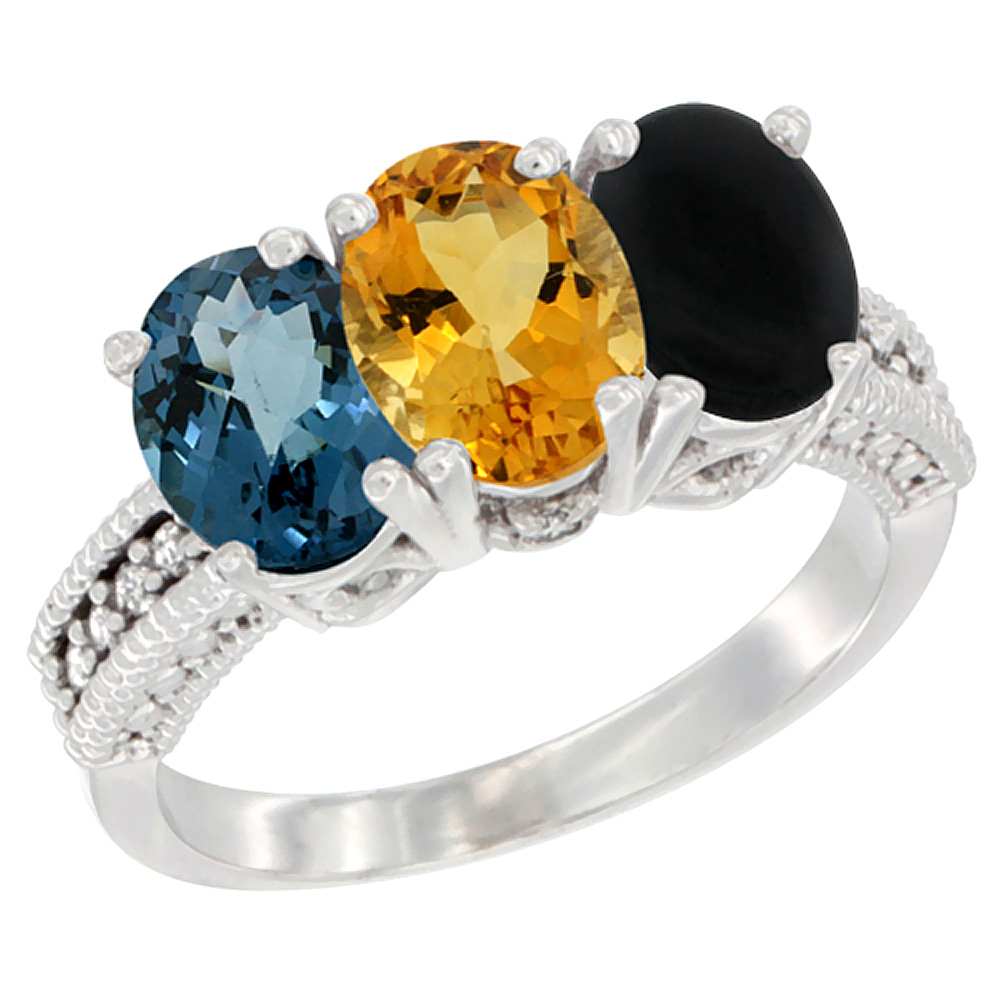 14K White Gold Natural London Blue Topaz, Citrine & Black Onyx Ring 3-Stone 7x5 mm Oval Diamond Accent, sizes 5 - 10