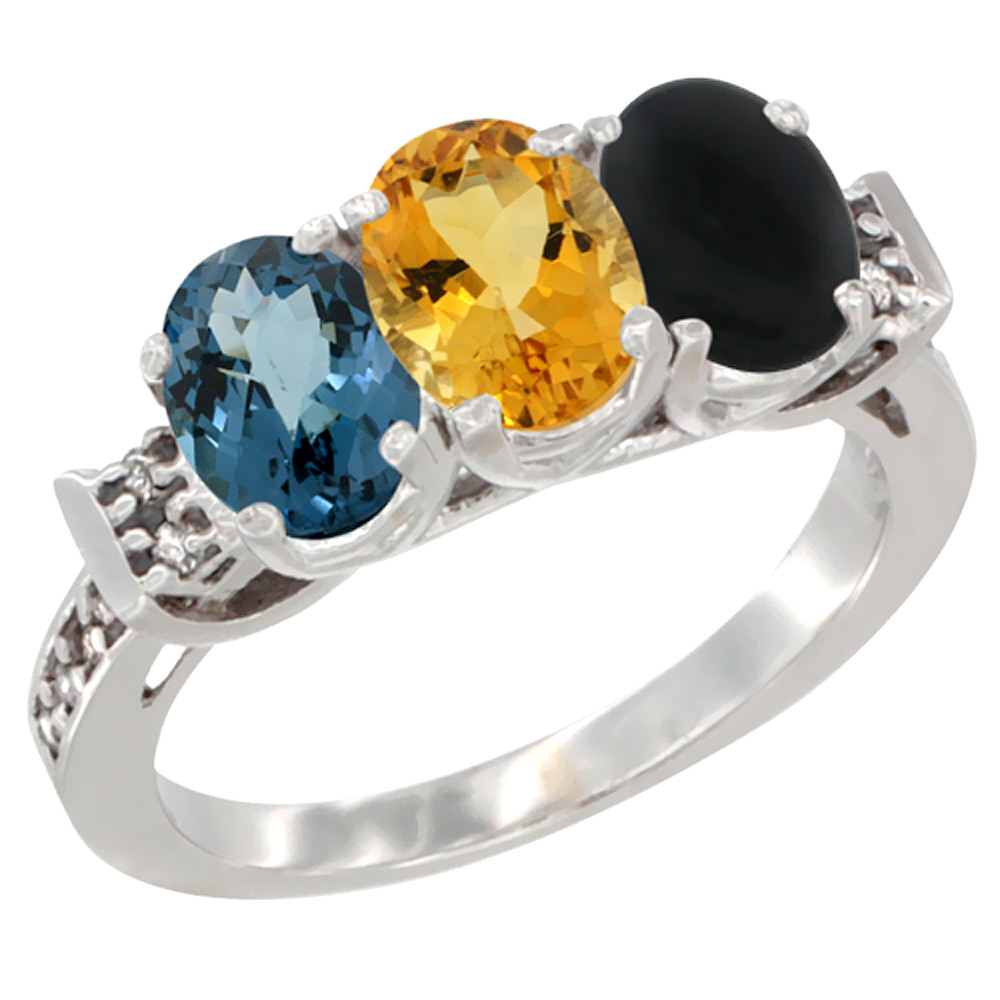 10K White Gold Natural London Blue Topaz, Citrine & Black Onyx Ring 3-Stone Oval 7x5 mm Diamond Accent, sizes 5 - 10