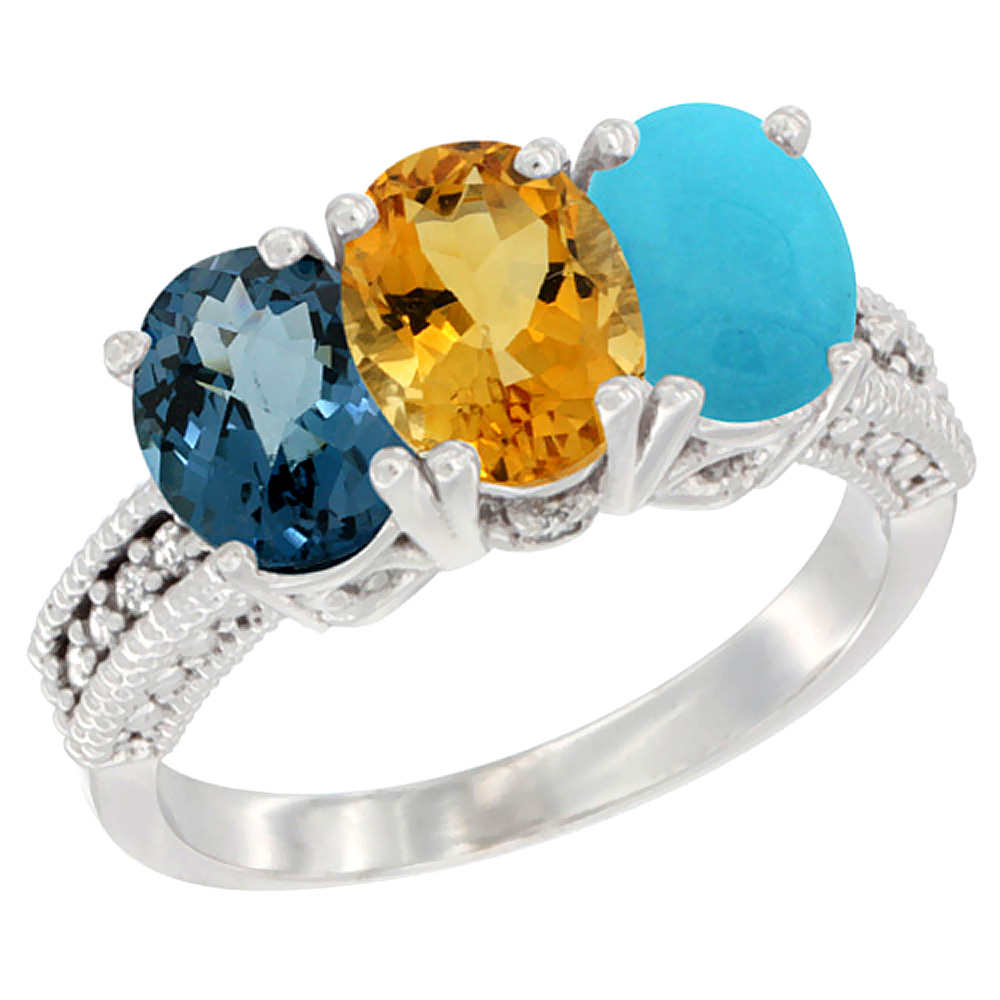 10K White Gold Natural London Blue Topaz, Citrine &amp; Turquoise Ring 3-Stone Oval 7x5 mm Diamond Accent, sizes 5 - 10