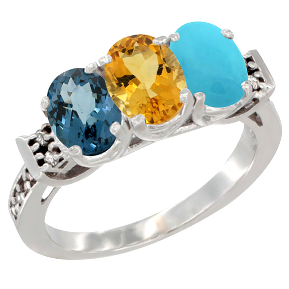 14K White Gold Natural London Blue Topaz, Citrine & Turquoise Ring 3-Stone 7x5 mm Oval Diamond Accent, sizes 5 - 10