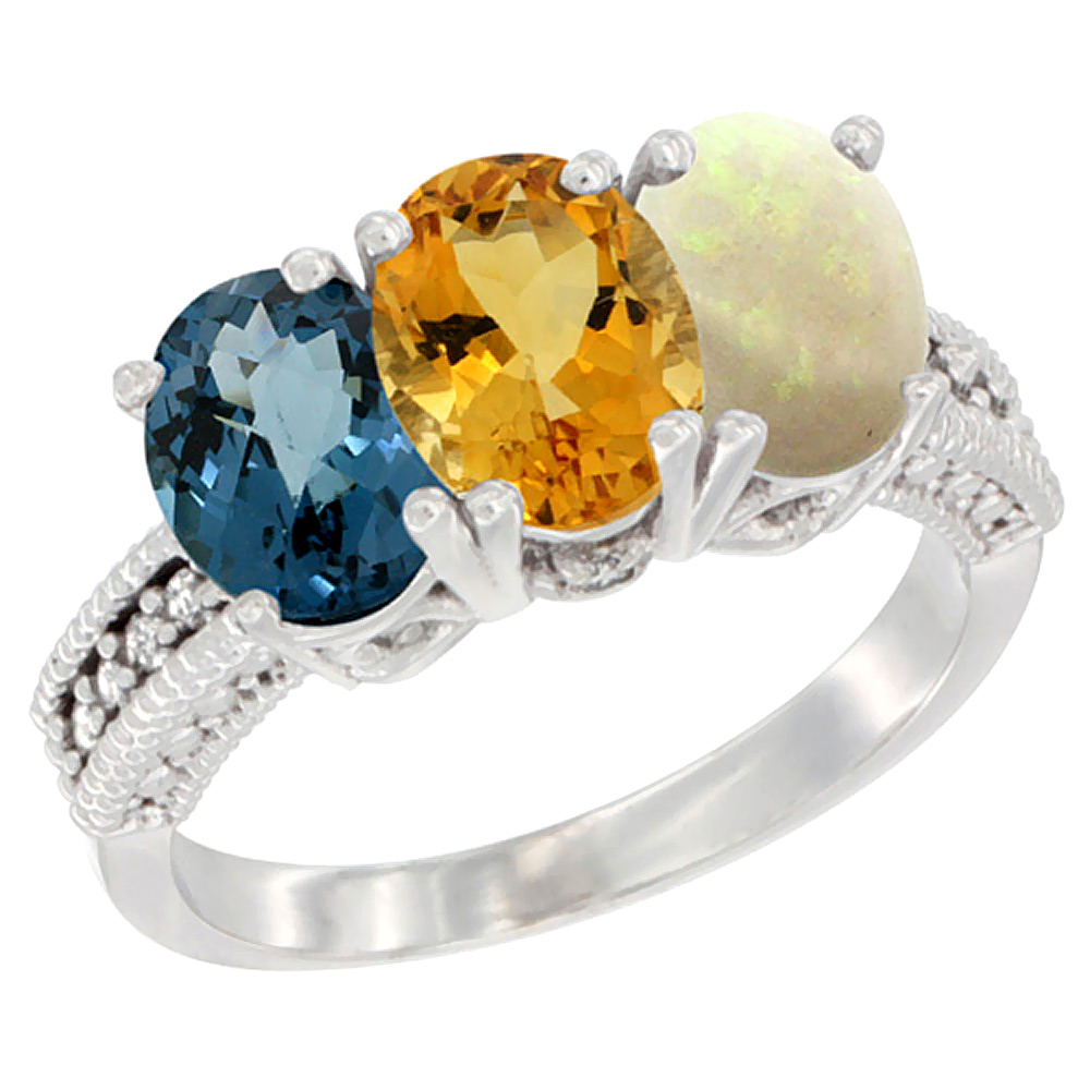 10K White Gold Natural London Blue Topaz, Citrine & Opal Ring 3-Stone Oval 7x5 mm Diamond Accent, sizes 5 - 10