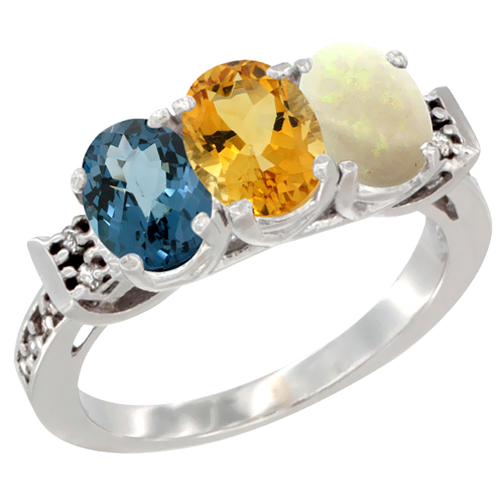 10K White Gold Natural London Blue Topaz, Citrine & Opal Ring 3-Stone Oval 7x5 mm Diamond Accent, sizes 5 - 10