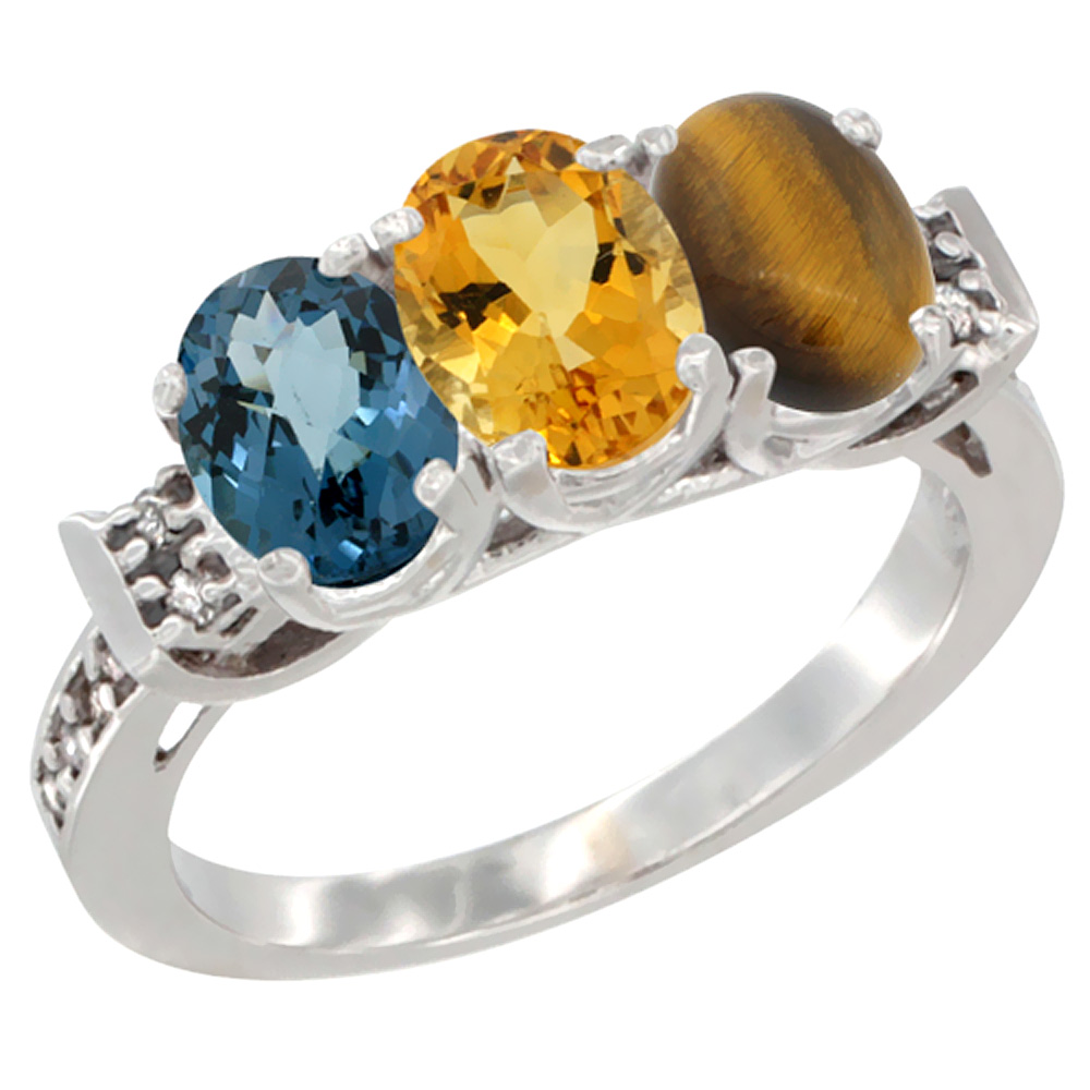 14K White Gold Natural London Blue Topaz, Citrine & Tiger Eye Ring 3-Stone 7x5 mm Oval Diamond Accent, sizes 5 - 10