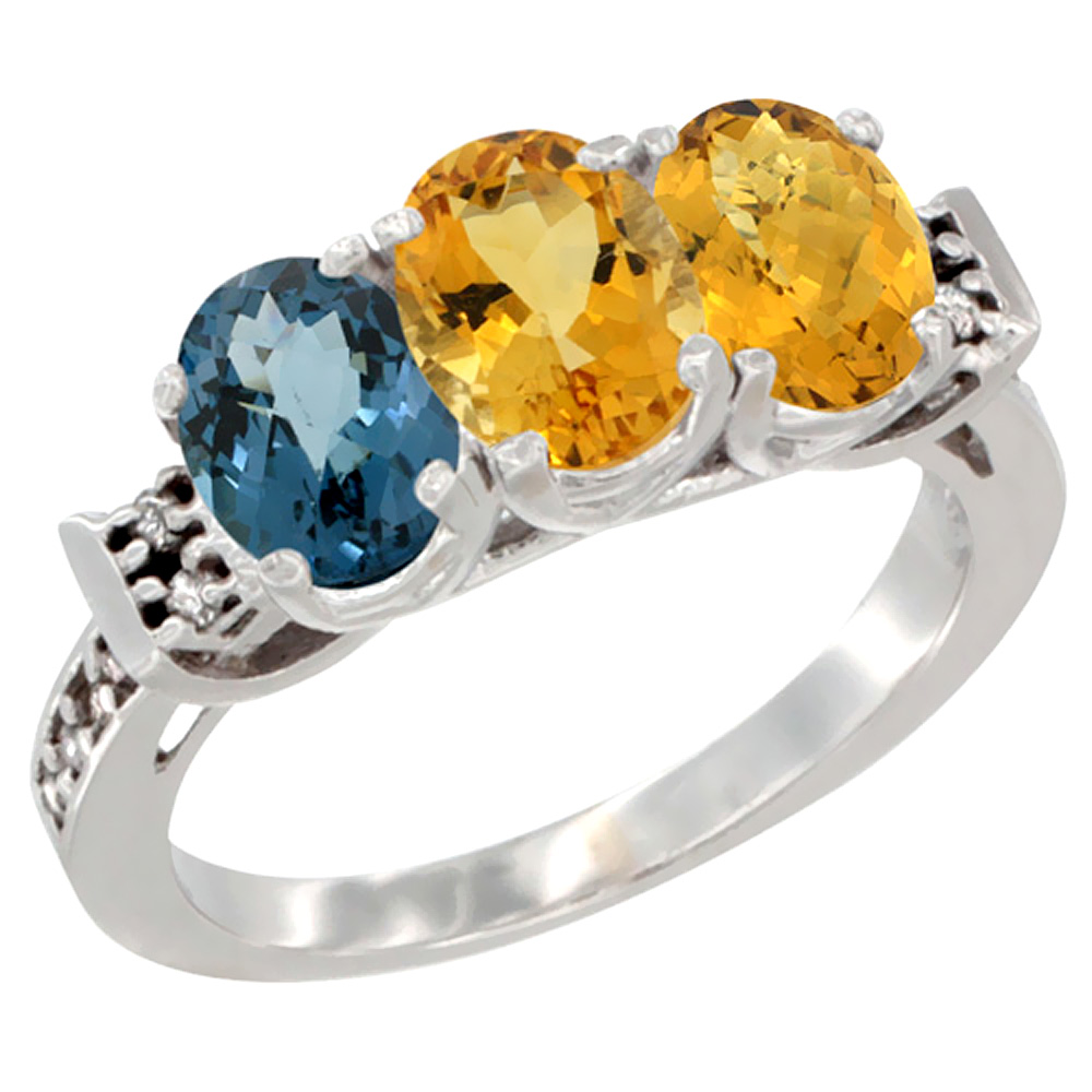 14K White Gold Natural London Blue Topaz, Citrine & Whisky Quartz Ring 3-Stone 7x5 mm Oval Diamond Accent, sizes 5 - 10