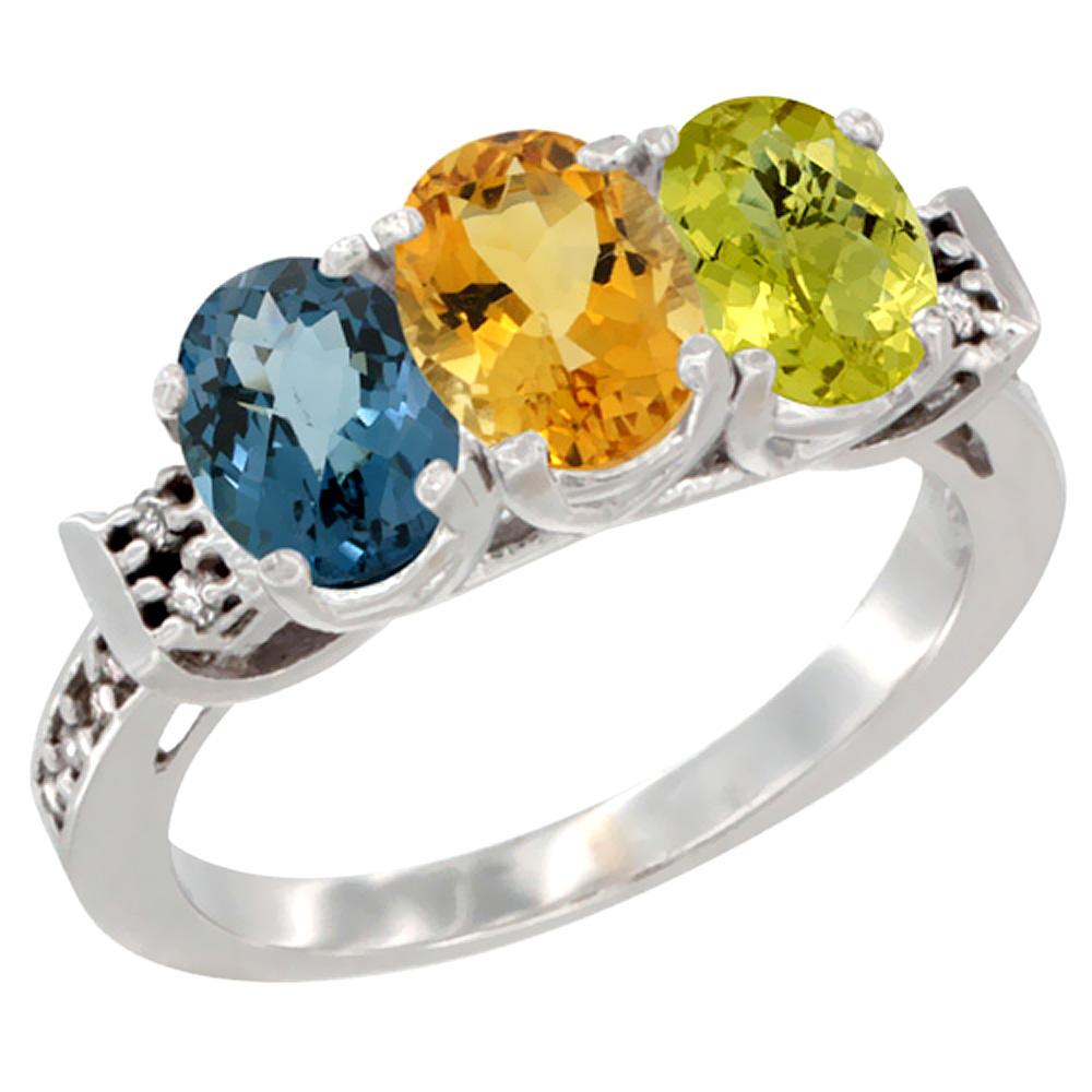 10K White Gold Natural London Blue Topaz, Citrine &amp; Lemon Quartz Ring 3-Stone Oval 7x5 mm Diamond Accent, sizes 5 - 10