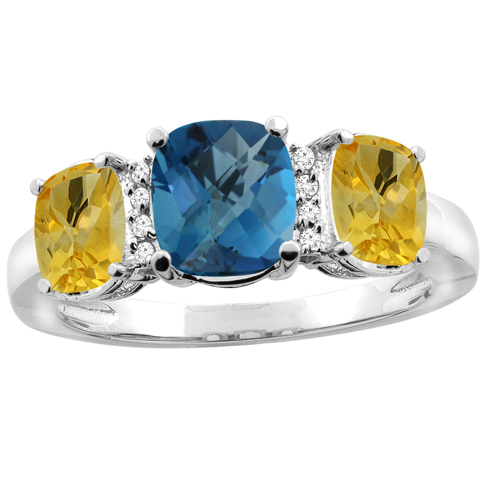 10K White Gold Natural London Blue Topaz & Citrine 3-stone Ring Cushion 8x6mm Diamond Accent, sizes 5 - 10