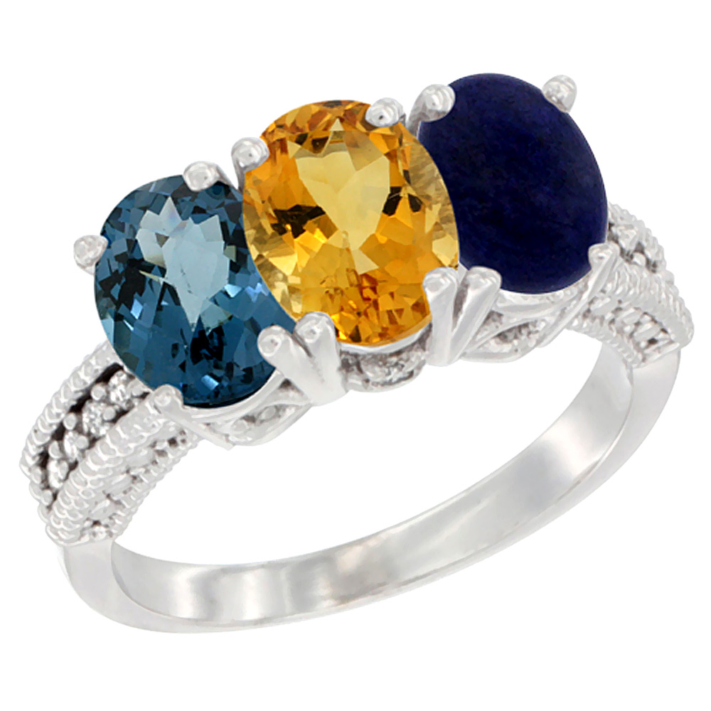 14K White Gold Natural London Blue Topaz, Citrine &amp; Lapis Ring 3-Stone 7x5 mm Oval Diamond Accent, sizes 5 - 10