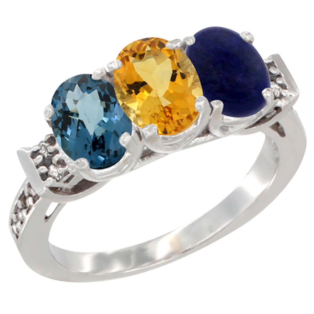 14K White Gold Natural London Blue Topaz, Citrine &amp; Lapis Ring 3-Stone 7x5 mm Oval Diamond Accent, sizes 5 - 10