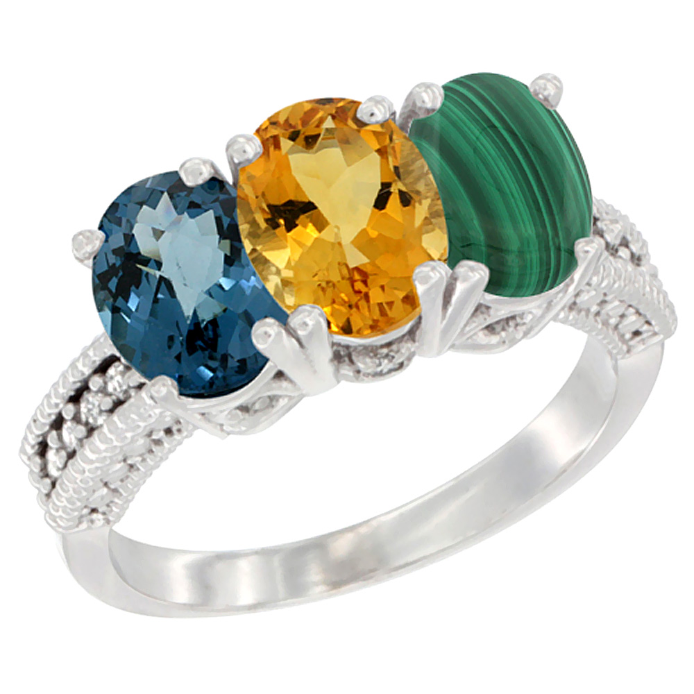 14K White Gold Natural London Blue Topaz, Citrine & Malachite Ring 3-Stone 7x5 mm Oval Diamond Accent, sizes 5 - 10