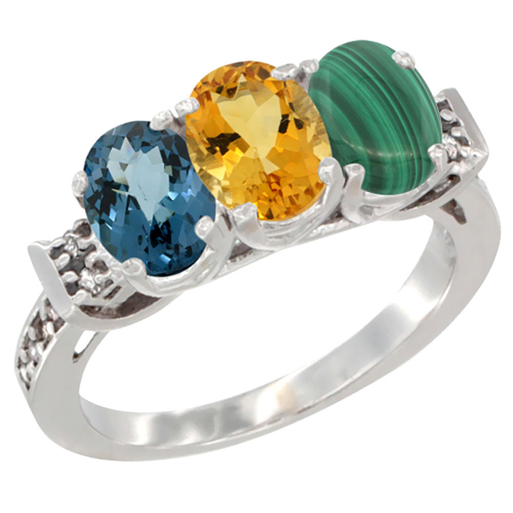 14K White Gold Natural London Blue Topaz, Citrine & Malachite Ring 3-Stone 7x5 mm Oval Diamond Accent, sizes 5 - 10