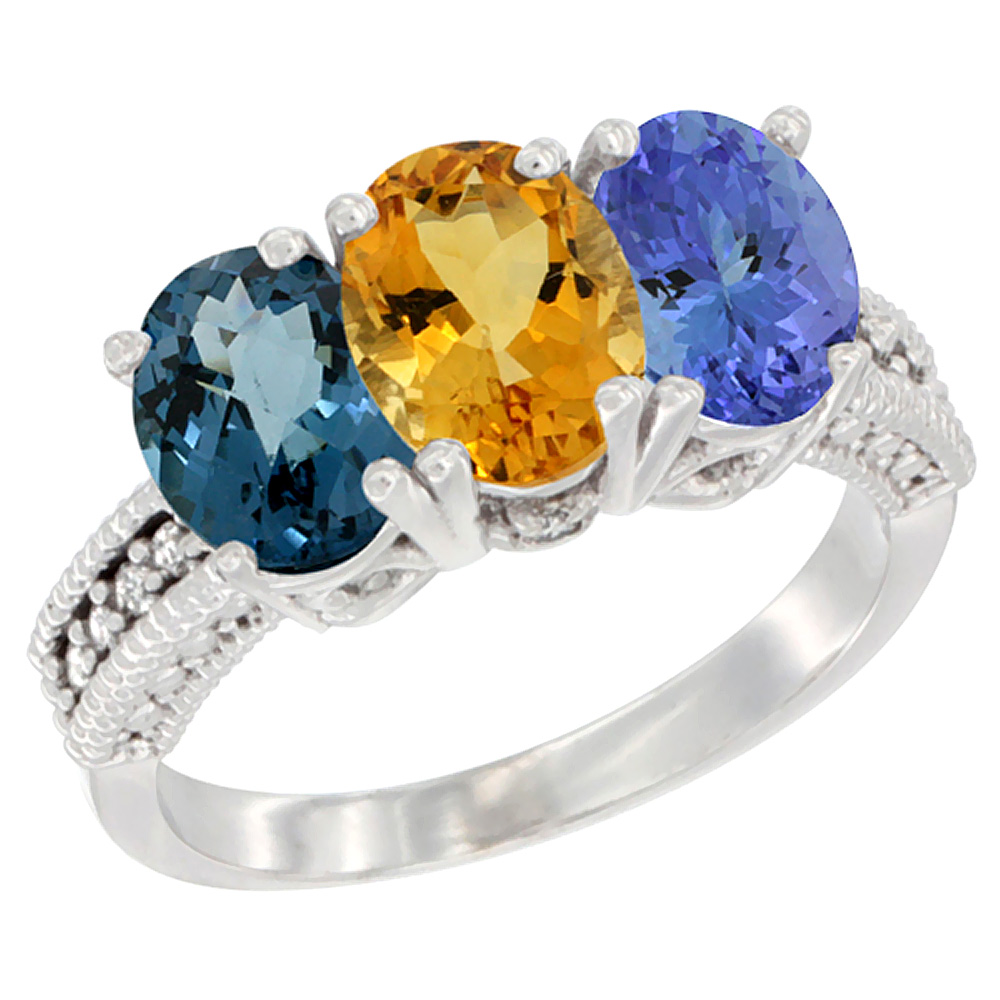 14K White Gold Natural London Blue Topaz, Citrine &amp; Tanzanite Ring 3-Stone 7x5 mm Oval Diamond Accent, sizes 5 - 10