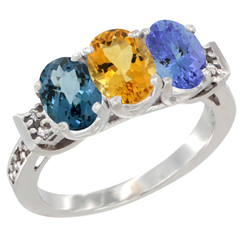 14K White Gold Natural London Blue Topaz, Citrine & Tanzanite Ring 3-Stone 7x5 mm Oval Diamond Accent, sizes 5 - 10