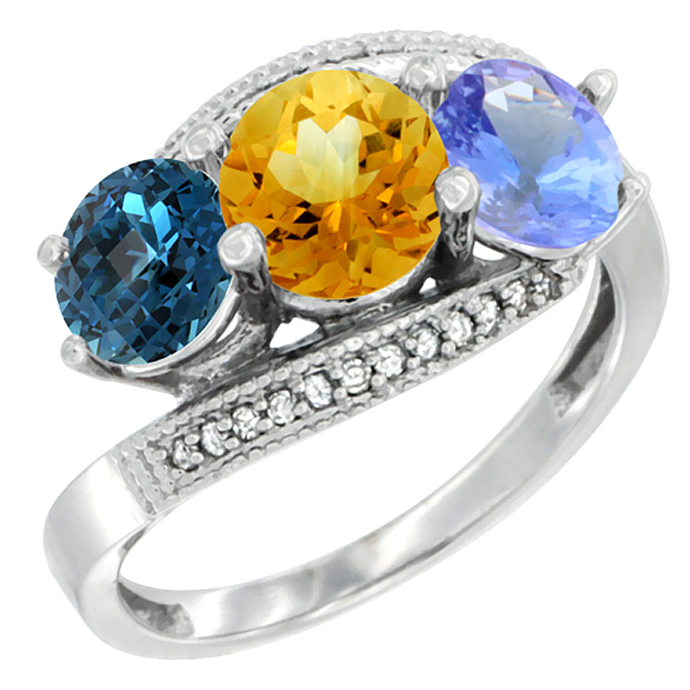 14K White Gold Natural London Blue Topaz, Citrine & Tanzanite 3 stone Ring Round 6mm Diamond Accent, sizes 5 - 10