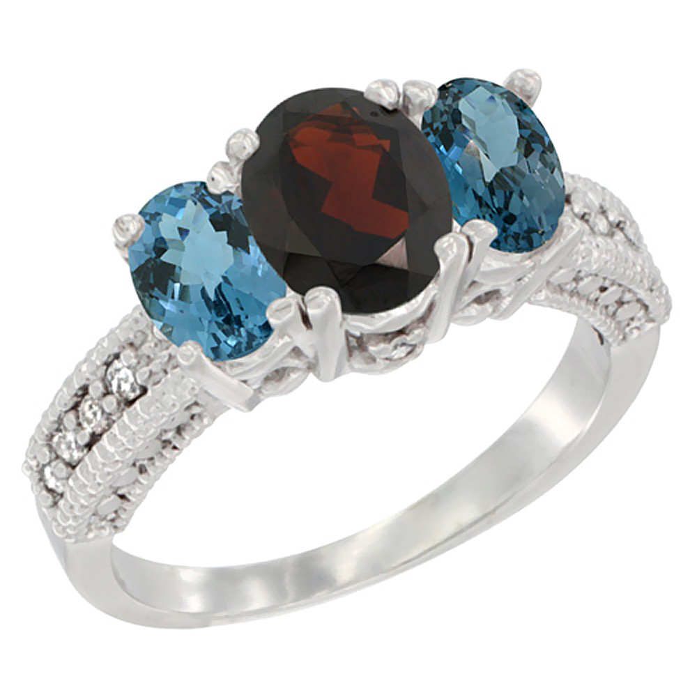 14K White Gold Diamond Natural Garnet Ring Oval 3-stone with London Blue Topaz, sizes 5 - 10