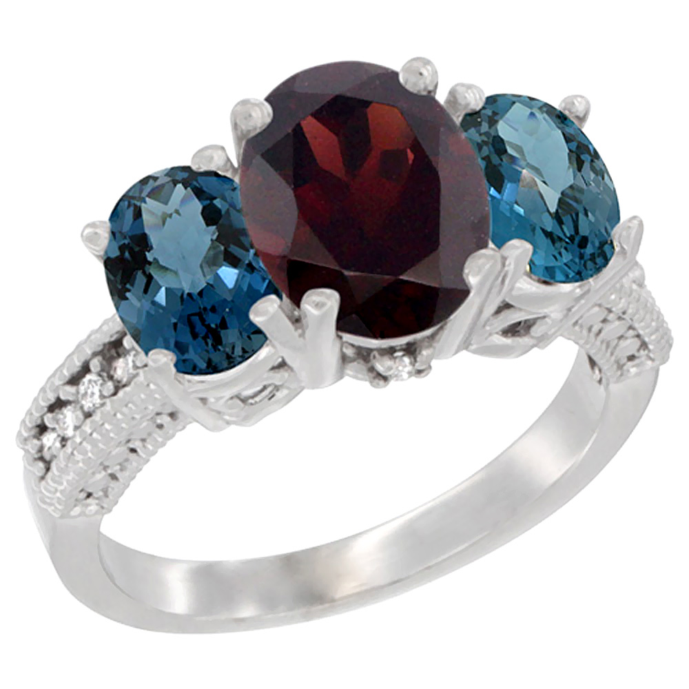 10K White Gold Diamond Natural Garnet Ring 3-Stone Oval 8x6mm with London Blue Topaz, sizes5-10