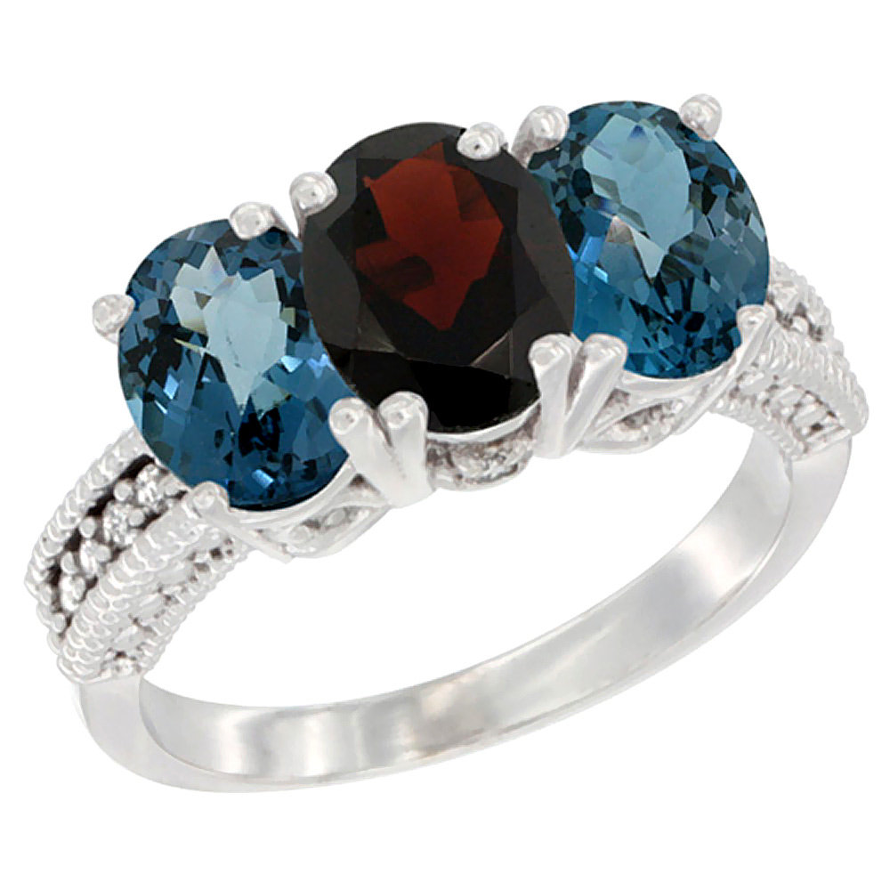 10K White Gold Natural Garnet & London Blue Topaz Sides Ring 3-Stone Oval 7x5 mm Diamond Accent, sizes 5 - 10