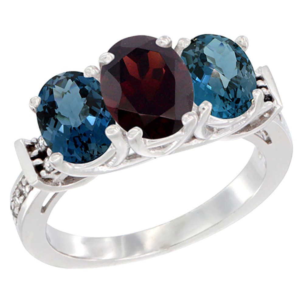 14K White Gold Natural Garnet & London Blue Topaz Sides Ring 3-Stone Oval Diamond Accent, sizes 5 - 10