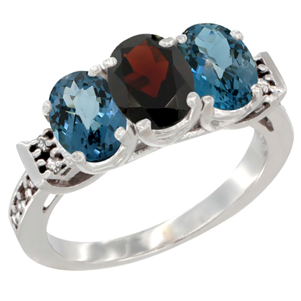 14K White Gold Natural Garnet & London Blue Topaz Sides Ring 3-Stone 7x5 mm Oval Diamond Accent, sizes 5 - 10