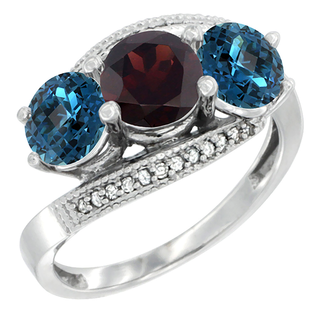 14K White Gold Natural Garnet & London Blue Topaz Sides 3 stone Ring Round 6mm Diamond Accent, sizes 5 - 10