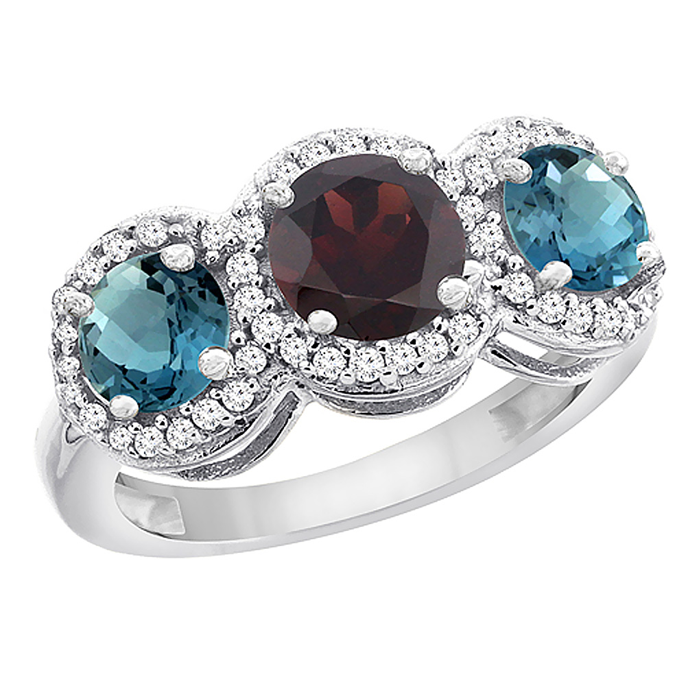 10K White Gold Natural Garnet &amp; London Blue Topaz Sides Round 3-stone Ring Diamond Accents, sizes 5 - 10