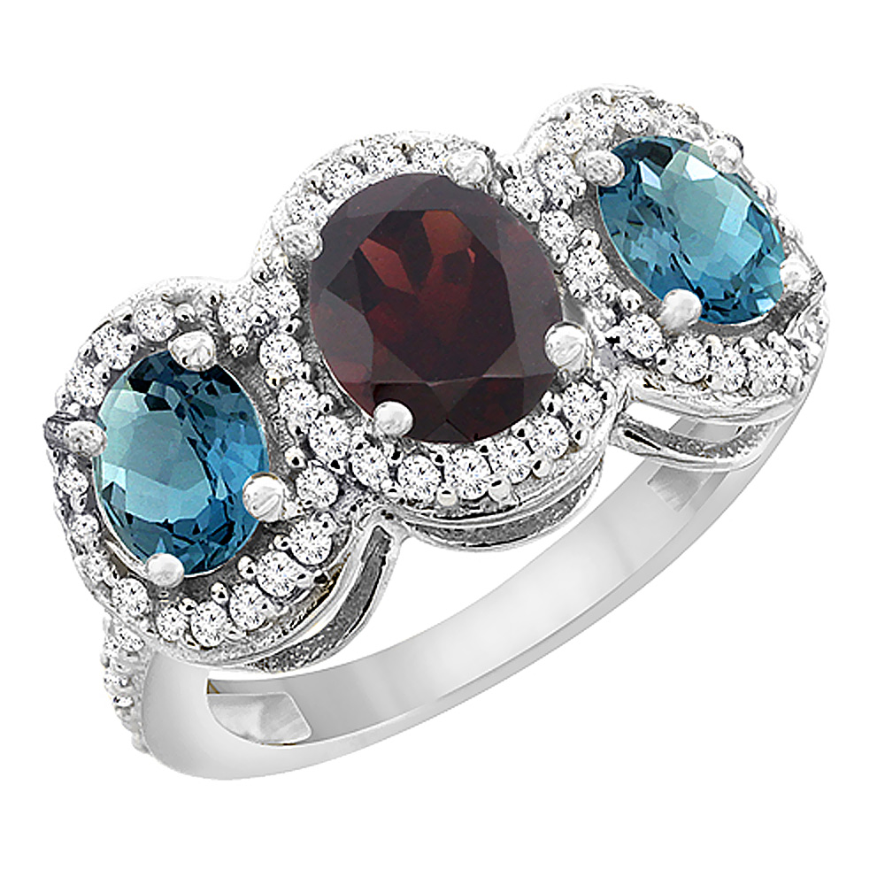 14K White Gold Natural Garnet & London Blue Topaz 3-Stone Ring Oval Diamond Accent, sizes 5 - 10