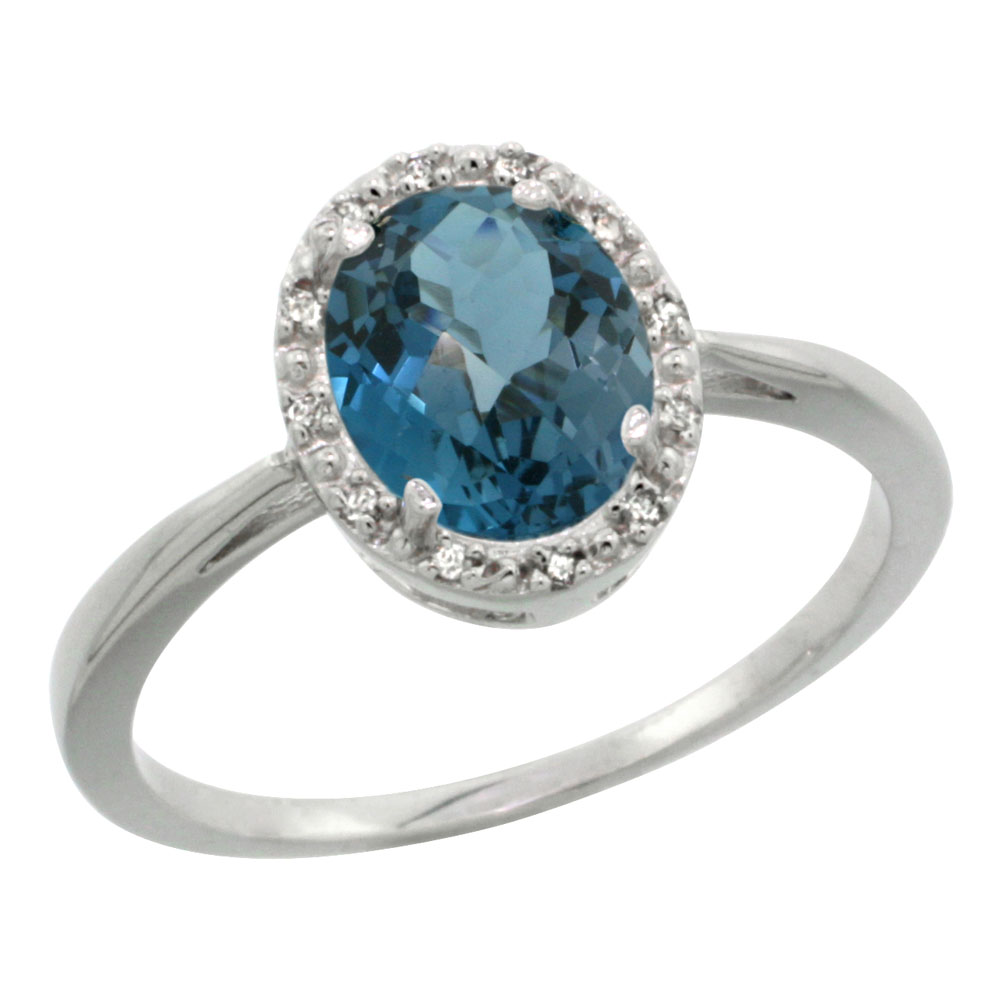 14K White Gold Natural London Blue Topaz Diamond Halo Ring Oval 8X6mm, sizes 5 - 10