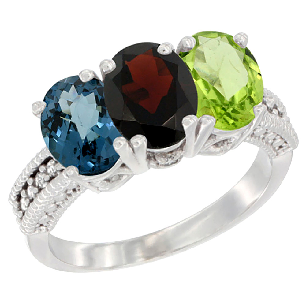 10K White Gold Natural London Blue Topaz, Garnet & Peridot Ring 3-Stone Oval 7x5 mm Diamond Accent, sizes 5 - 10