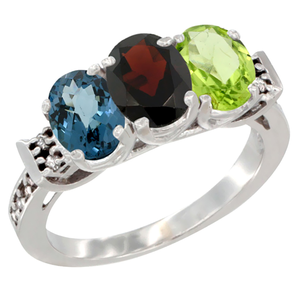 10K White Gold Natural London Blue Topaz, Garnet & Peridot Ring 3-Stone Oval 7x5 mm Diamond Accent, sizes 5 - 10