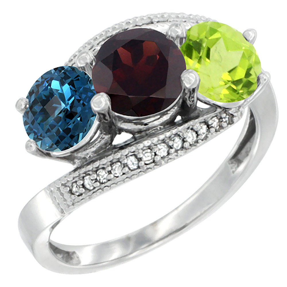 14K White Gold Natural London Blue Topaz, Garnet & Peridot 3 stone Ring Round 6mm Diamond Accent, sizes 5 - 10