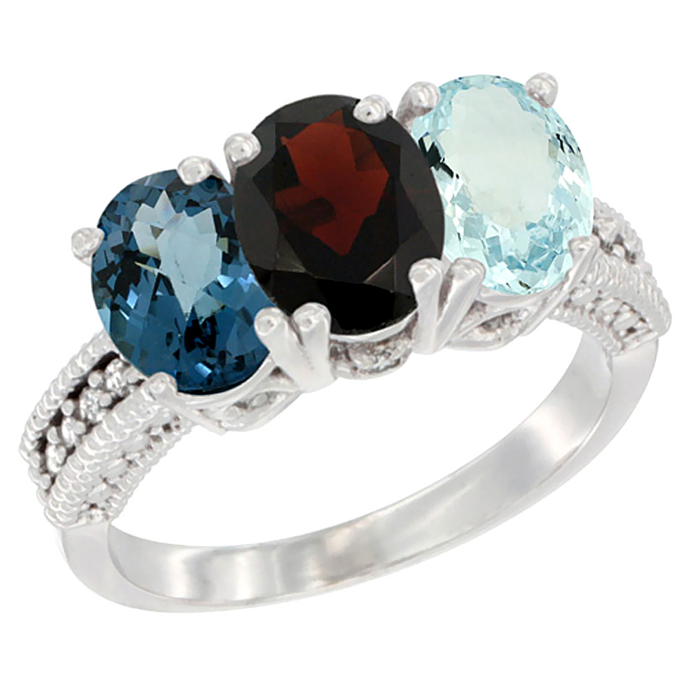 10K White Gold Natural London Blue Topaz, Garnet &amp; Aquamarine Ring 3-Stone Oval 7x5 mm Diamond Accent, sizes 5 - 10