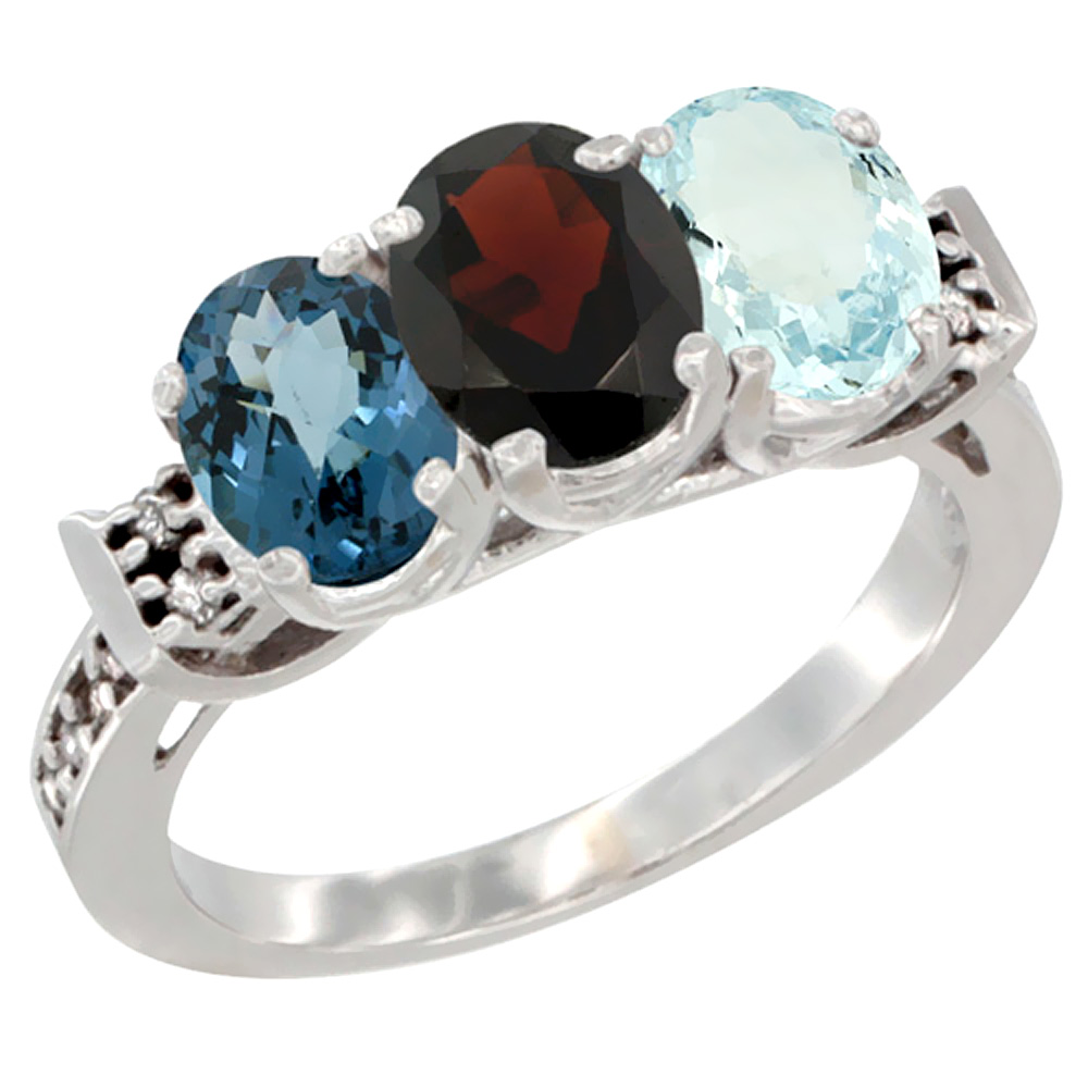 14K White Gold Natural London Blue Topaz, Garnet & Aquamarine Ring 3-Stone 7x5 mm Oval Diamond Accent, sizes 5 - 10